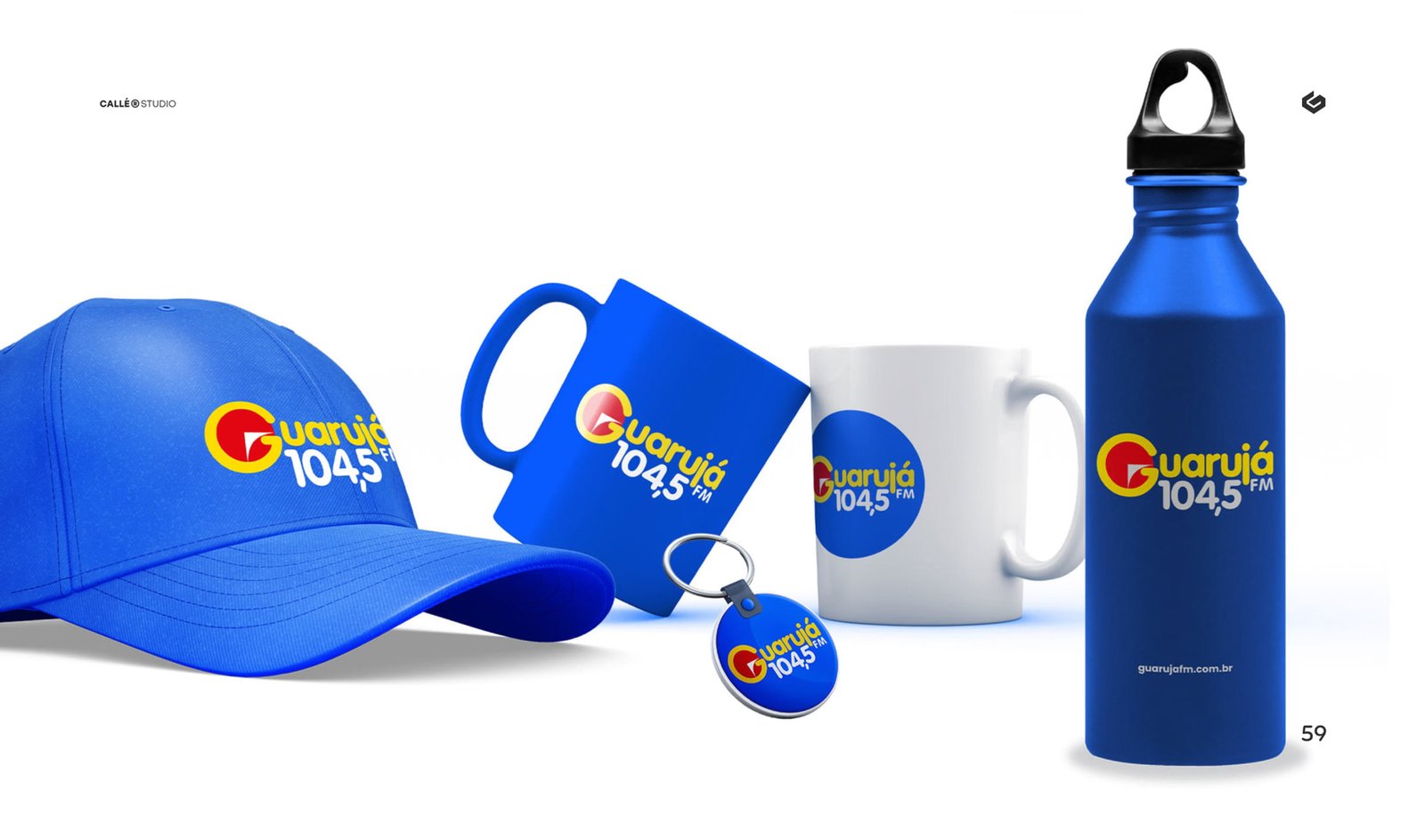 Brindes da Guarujá FM: boné, caneca e garrafa