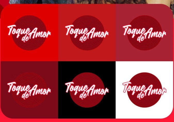 Logotipo do programa Toque de Amor, Guarujá FM, em seis versões de cor