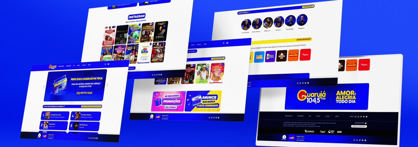 Site da Guarujá FM em computador e celular
