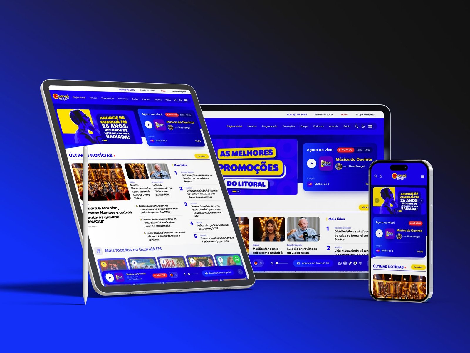 Site Guarujá FM em tablet e celular