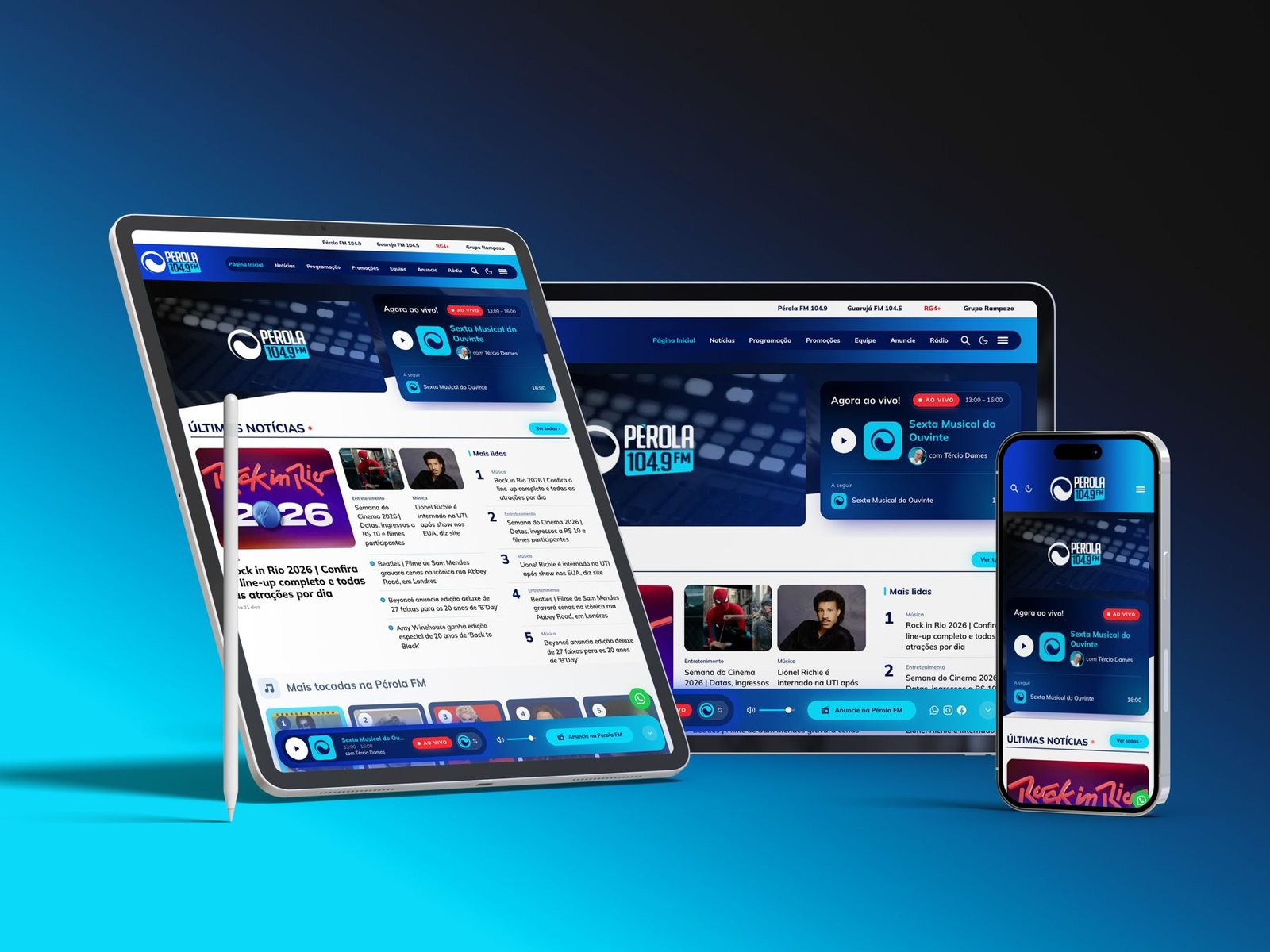 Site Pérola FM 104,9 em tablet e celular