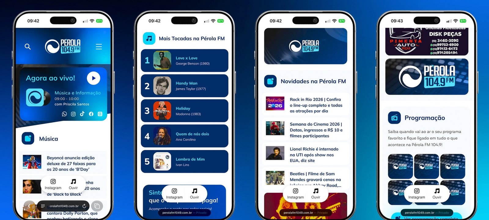 Aplicativo da Pérola FM em celular