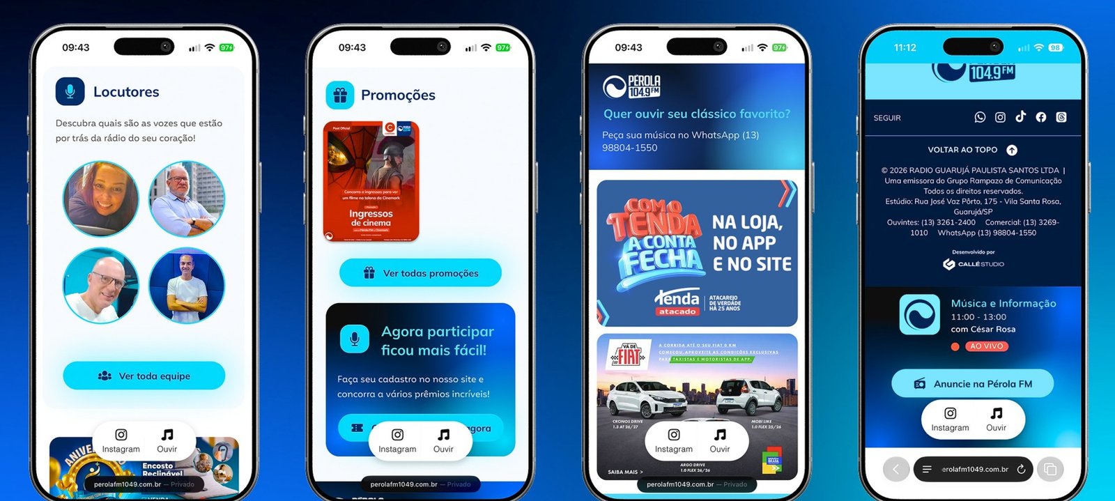 Telas do aplicativo da Pérola FM